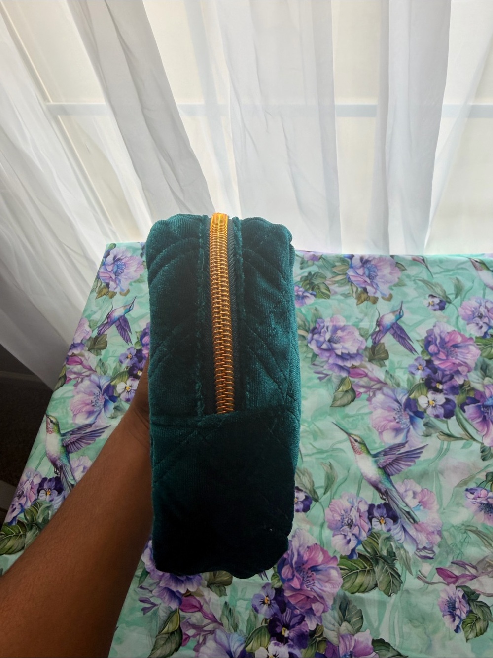 Quilted Velvet Teal Makeup Bag with Tassel - Picture 6 of 8